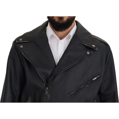 Dolce & Gabbana Black Leather Biker Coat Zipper Jacket Dolce & Gabbana