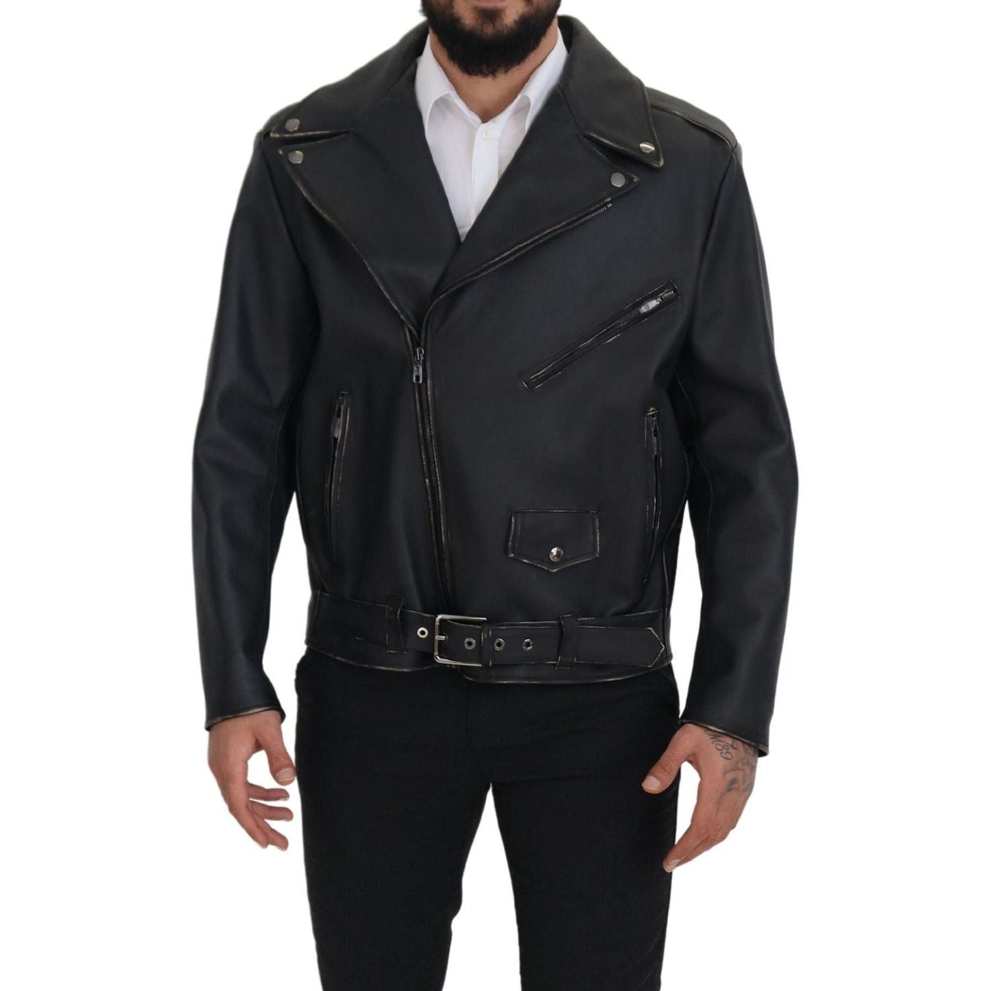 Dolce & Gabbana Black Leather Biker Coat Zipper Jacket Dolce & Gabbana