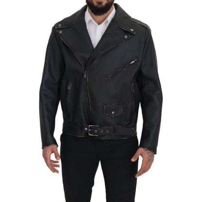 Dolce & Gabbana Black Leather Biker Coat Zipper Jacket Dolce & Gabbana