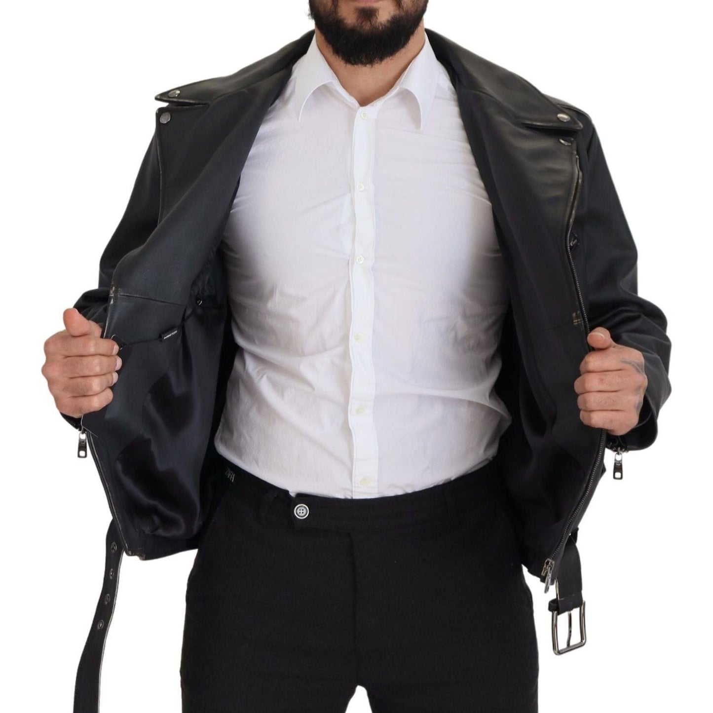 Dolce & Gabbana Black Leather Biker Coat Zipper Jacket Dolce & Gabbana