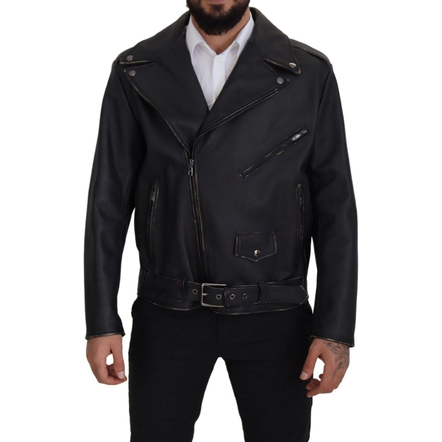 Dolce & Gabbana Black Leather Biker Coat Zipper Jacket Dolce & Gabbana