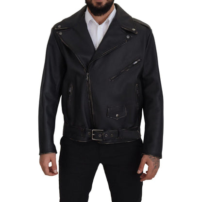 Dolce & Gabbana Black Leather Biker Coat Zipper Jacket Dolce & Gabbana