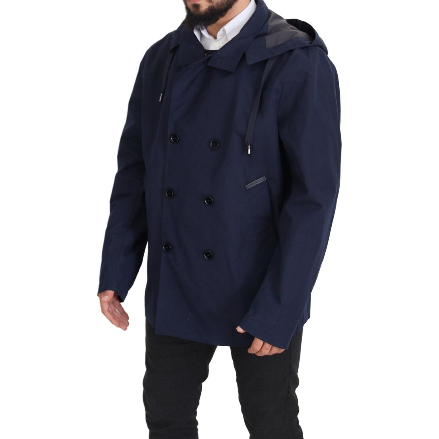 Dolce & Gabbana Blue Hooded Double Breasted Coat Jacket Dolce & Gabbana