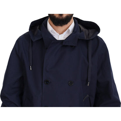 Dolce & Gabbana Blue Hooded Double Breasted Coat Jacket Dolce & Gabbana
