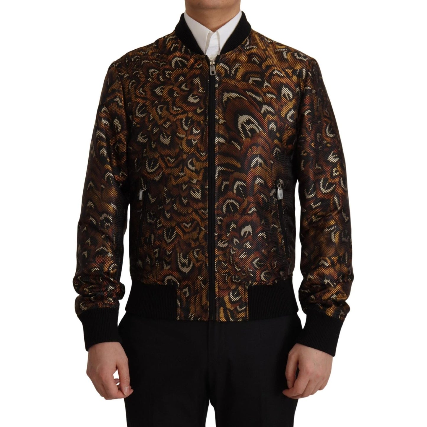 Dolce & Gabbana Brown Feather Full Zip Blouson Jacket Dolce & Gabbana