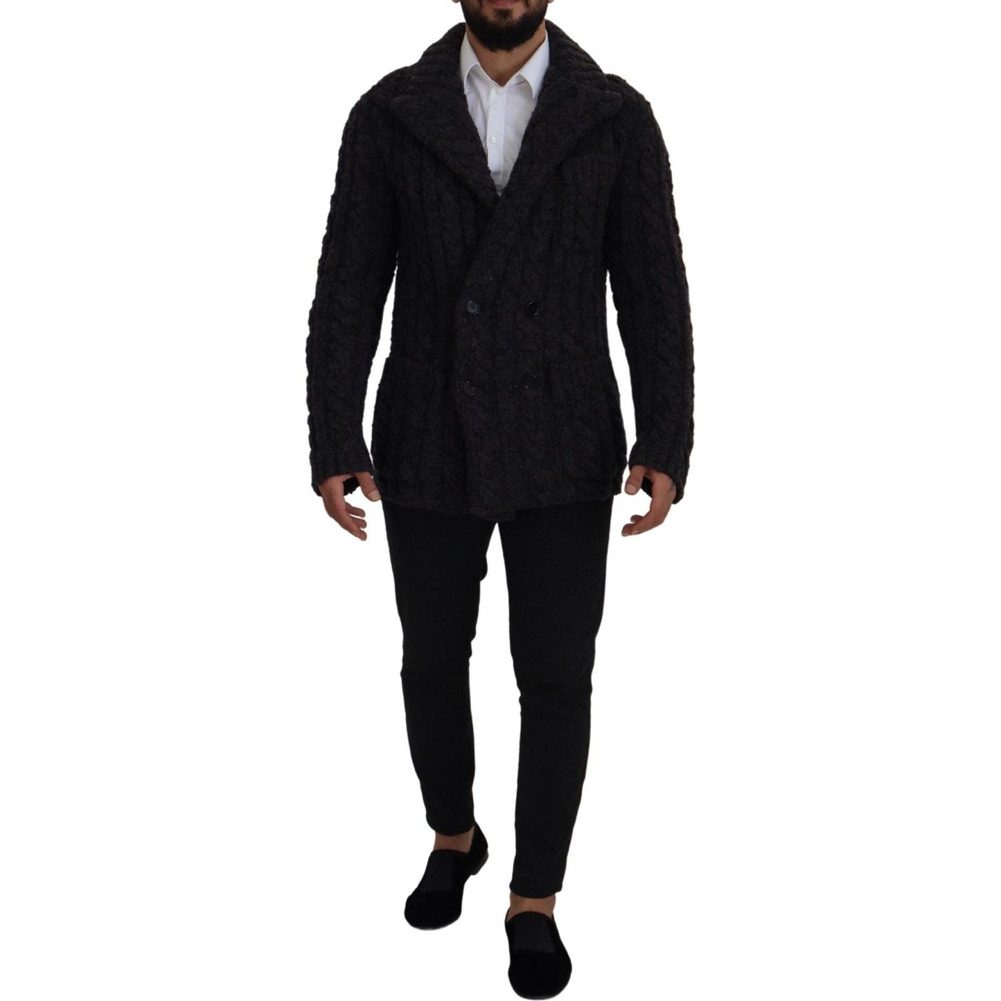 Dolce & Gabbana Black Wool Knit Double Breasted Coat Jacket Dolce & Gabbana