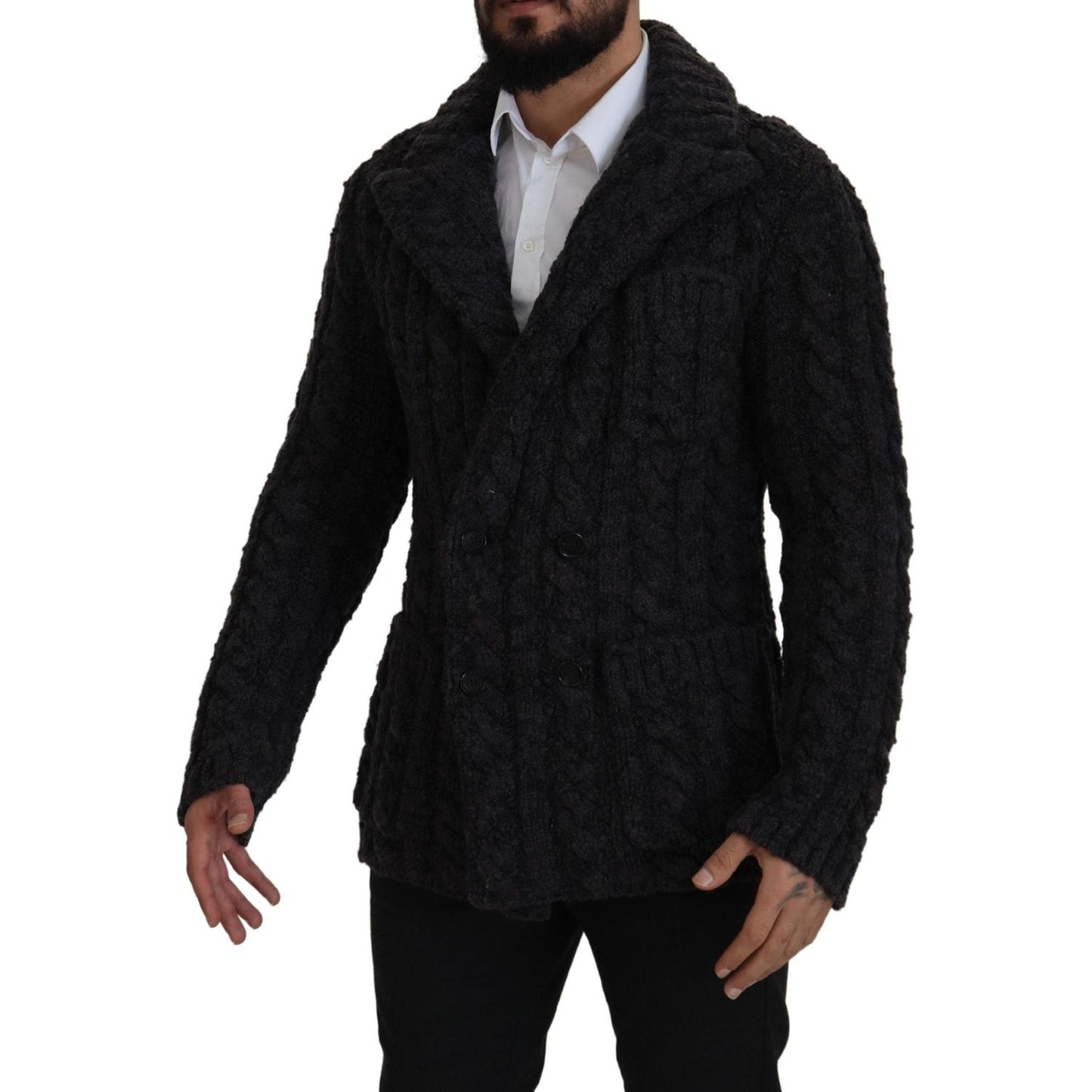 Dolce & Gabbana Black Wool Knit Double Breasted Coat Jacket Dolce & Gabbana