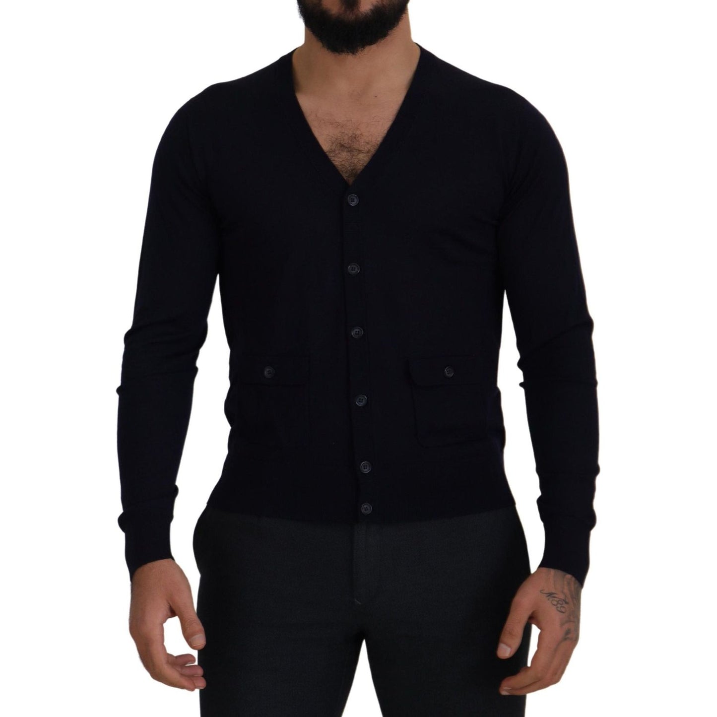 Dolce & Gabbana Blue Wool STAFF Down Cardigan Sweater