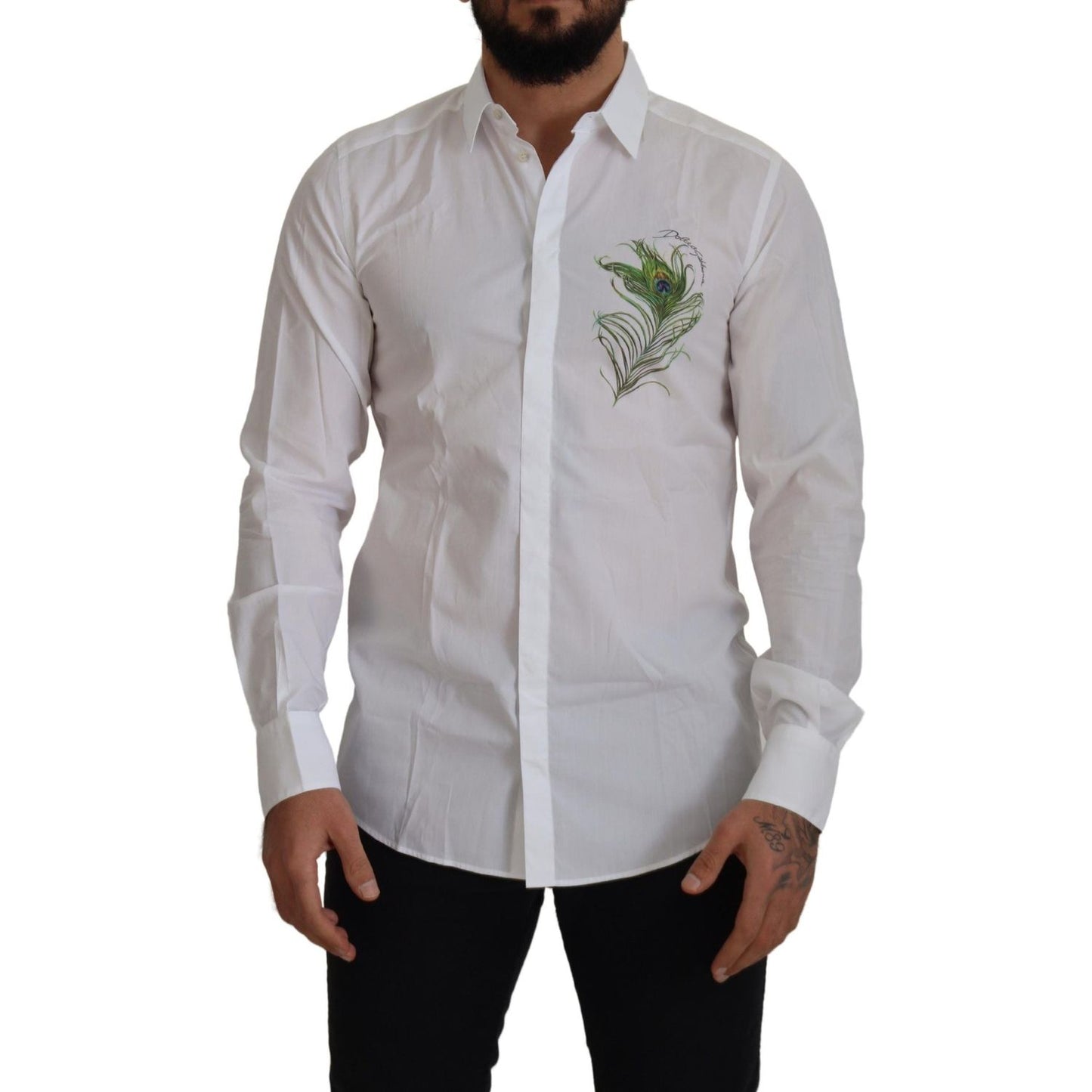 Dolce & Gabbana White Cotton Peacock Feather Formal GOLD Shirt Dolce & Gabbana