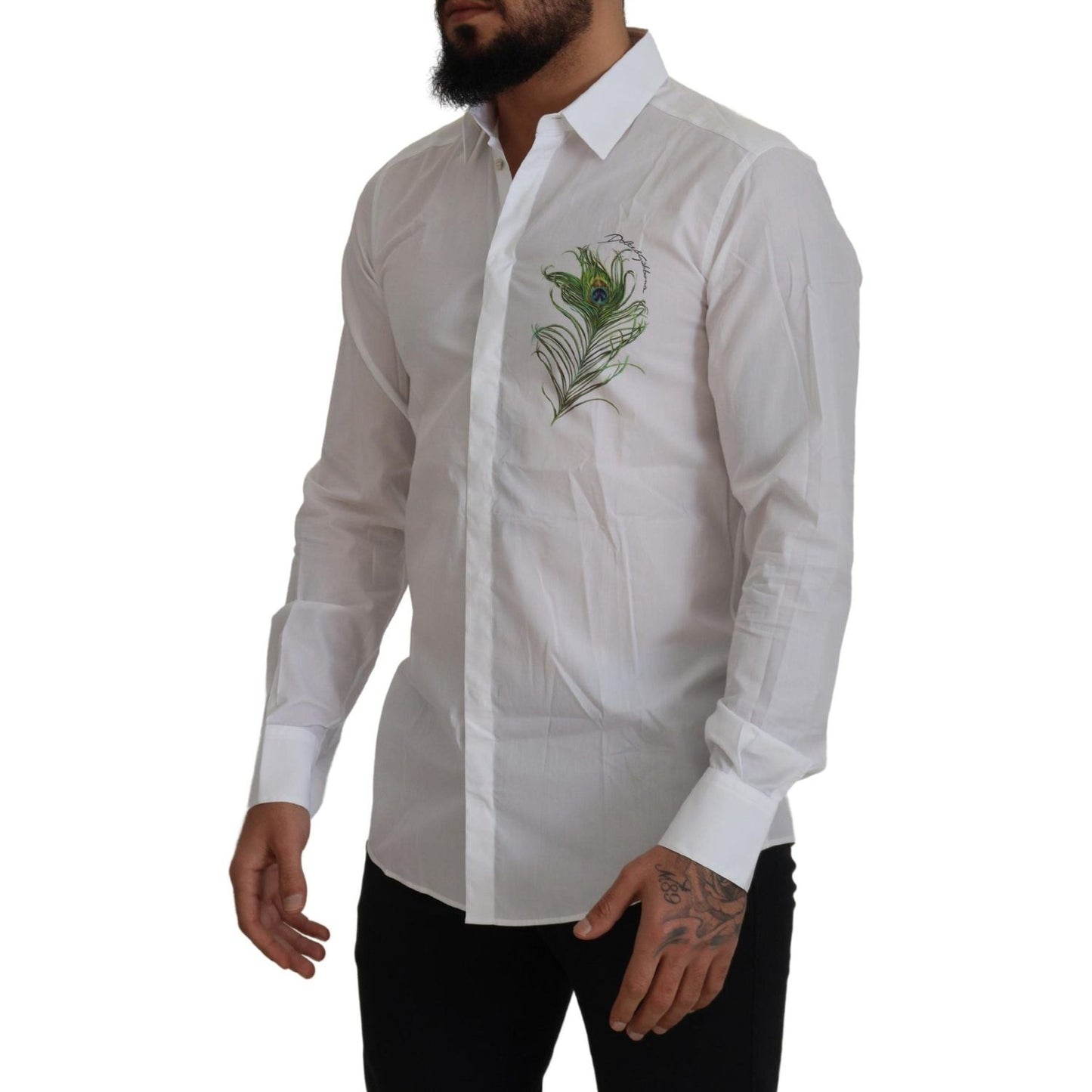 Dolce & Gabbana White Cotton Peacock Feather Formal GOLD Shirt Dolce & Gabbana