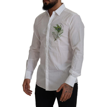 Dolce & Gabbana White Cotton Peacock Feather Formal GOLD Shirt Dolce & Gabbana