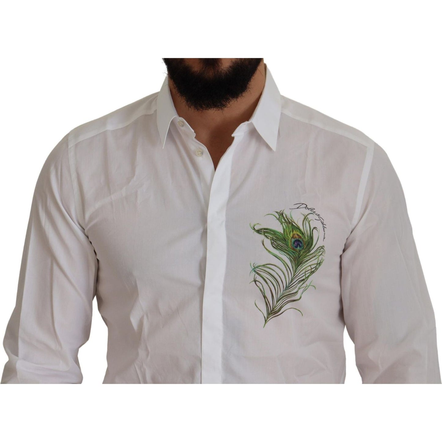 Dolce & Gabbana White Cotton Peacock Feather Formal GOLD Shirt Dolce & Gabbana