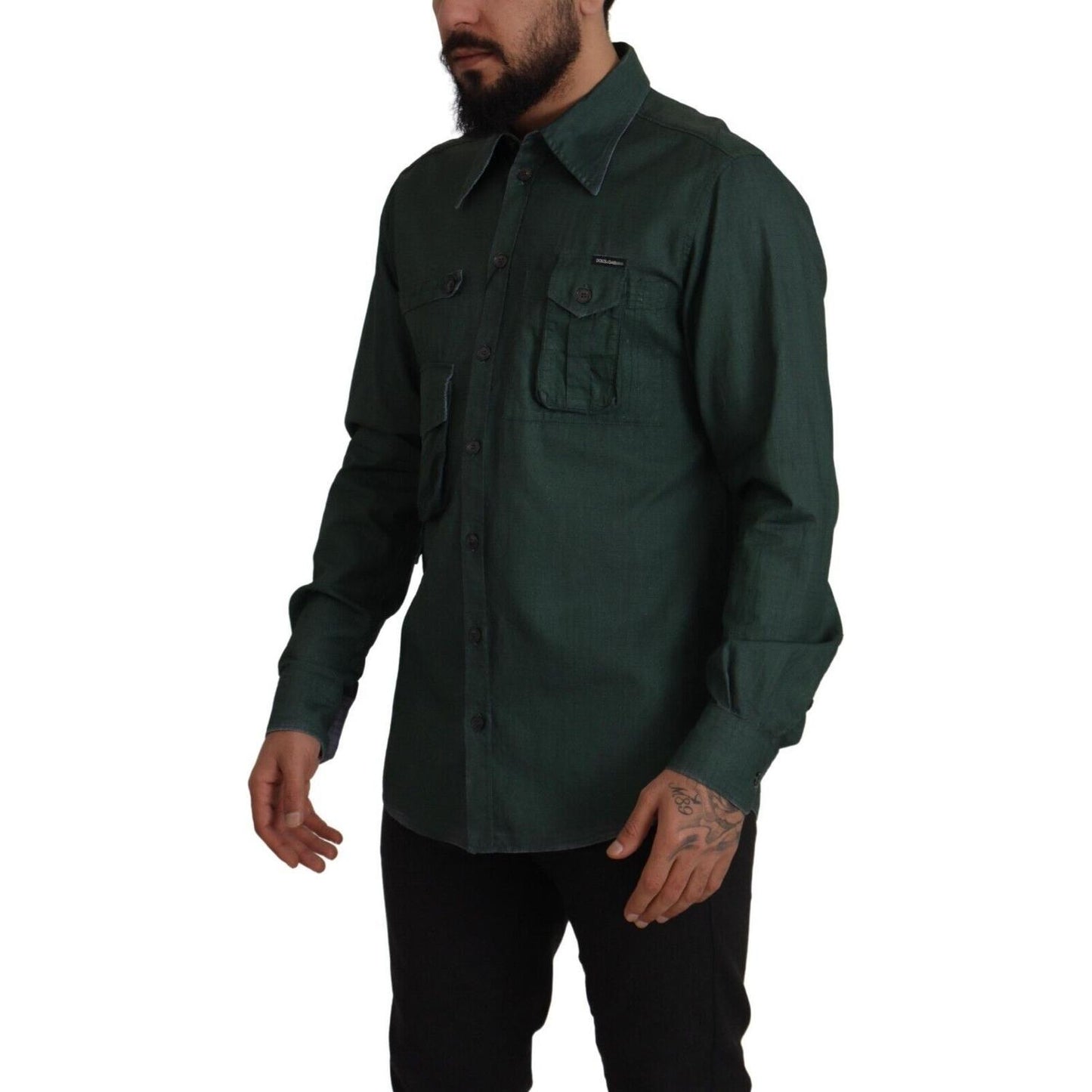 Dolce & Gabbana Dark Green Button Down Long Sleeves Shirt Dolce & Gabbana