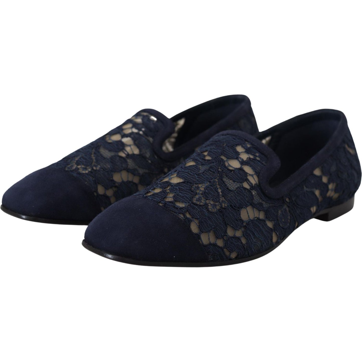 Dolce & Gabbana Blue Floral Lace Slip Ons Loafers Flats Shoes Dolce & Gabbana