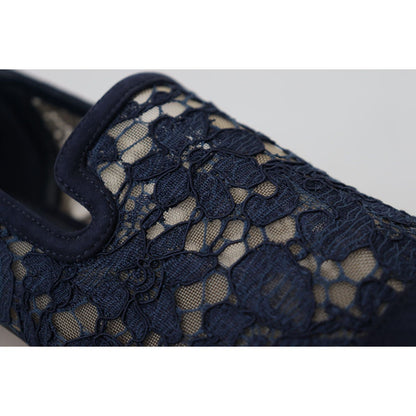 Dolce & Gabbana Blue Floral Lace Slip Ons Loafers Flats Shoes Dolce & Gabbana