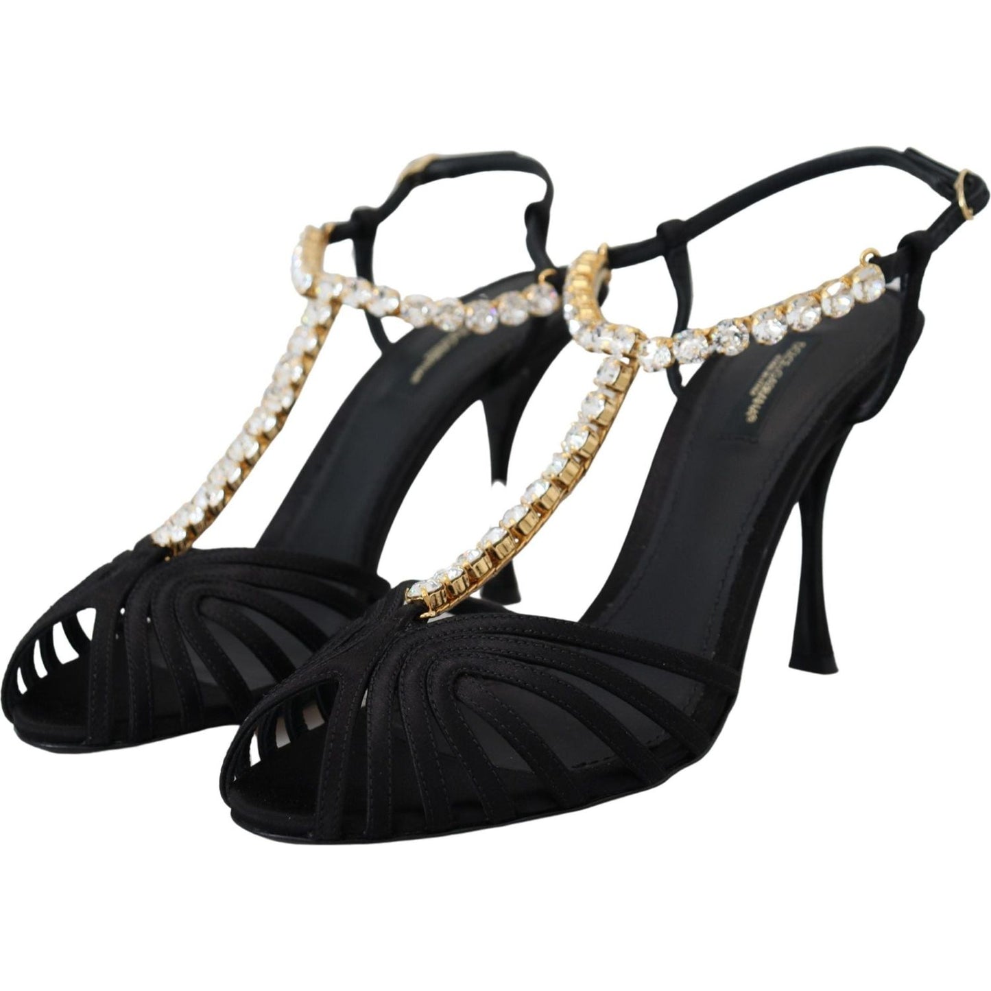Dolce & Gabbana Black Satin Clear Crystal T-strap Sandal Shoes Dolce & Gabbana