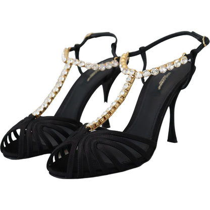 Dolce & Gabbana Black Satin Clear Crystal T-strap Sandal Shoes Dolce & Gabbana