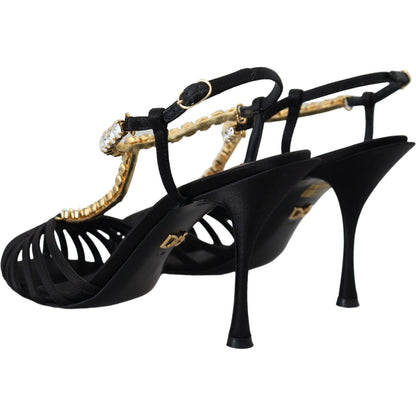 Dolce & Gabbana Black Satin Clear Crystal T-strap Sandal Shoes Dolce & Gabbana
