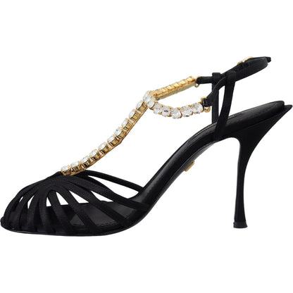 Dolce & Gabbana Black Satin Clear Crystal T-strap Sandal Shoes Dolce & Gabbana
