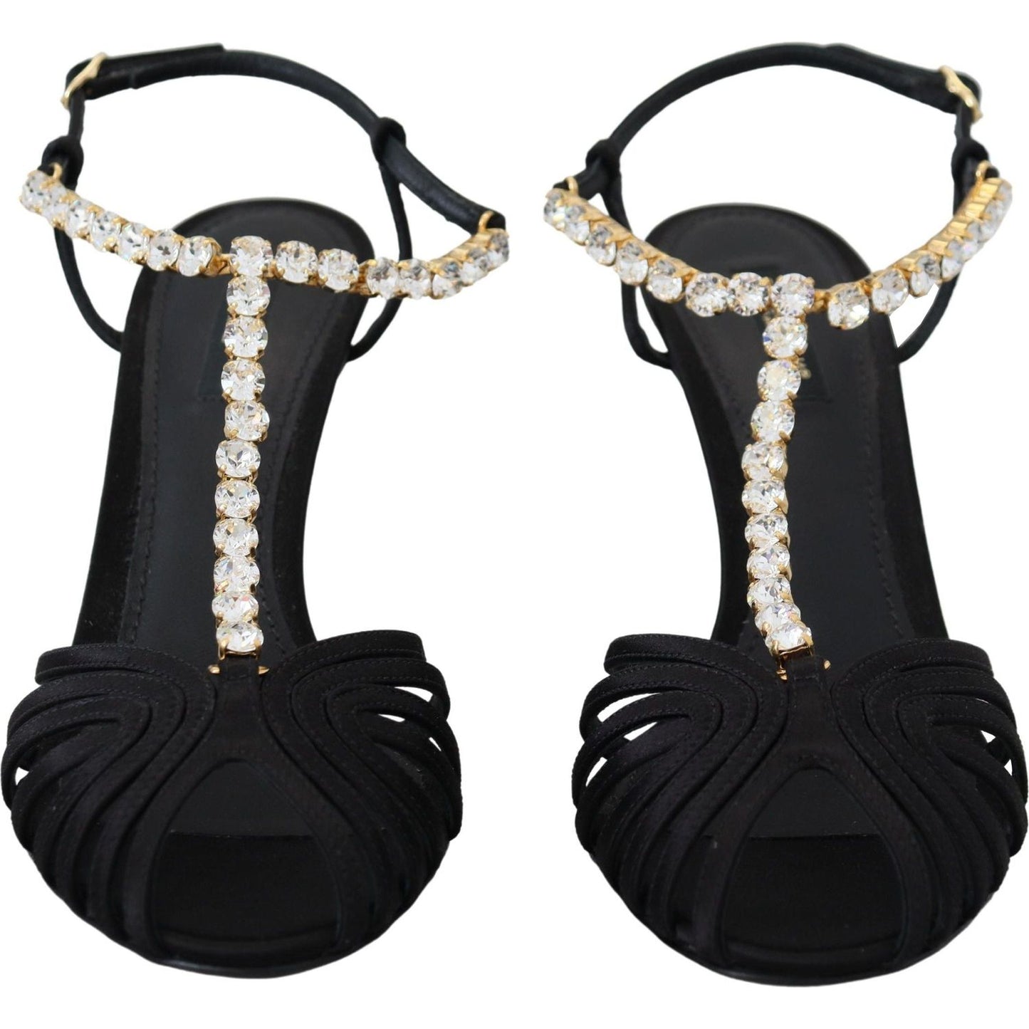 Dolce & Gabbana Black Satin Clear Crystal T-strap Sandal Shoes Dolce & Gabbana