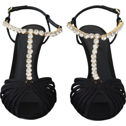Dolce & Gabbana Black Satin Clear Crystal T-strap Sandal Shoes Dolce & Gabbana