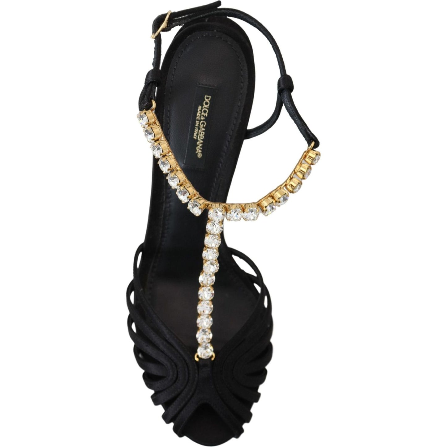 Dolce & Gabbana Black Satin Clear Crystal T-strap Sandal Shoes Dolce & Gabbana