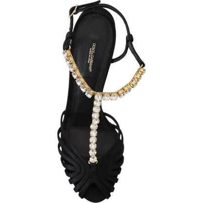 Dolce & Gabbana Black Satin Clear Crystal T-strap Sandal Shoes Dolce & Gabbana