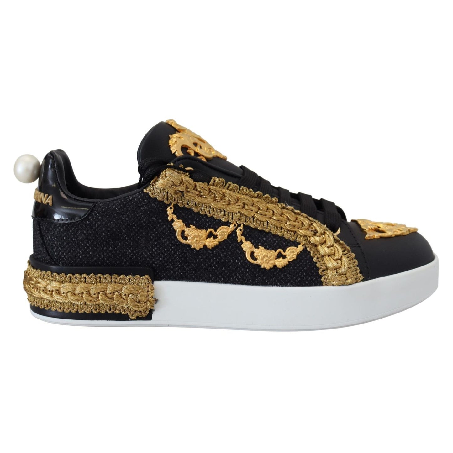 Dolce & Gabbana Black Gold Baroque Portofino Leather Sneakers Shoes