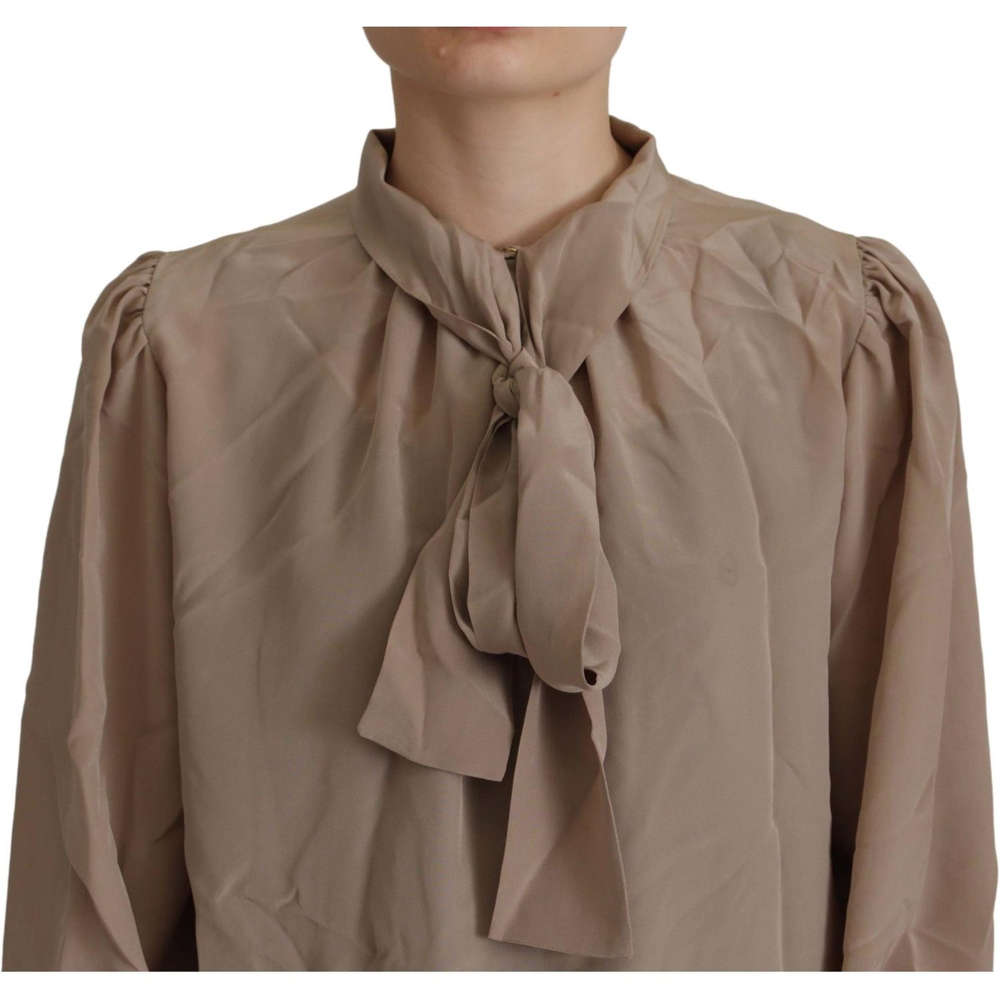 Dolce & Gabbana Brown Waistband Sleeves Ascot Collar Top Blouse Dolce & Gabbana