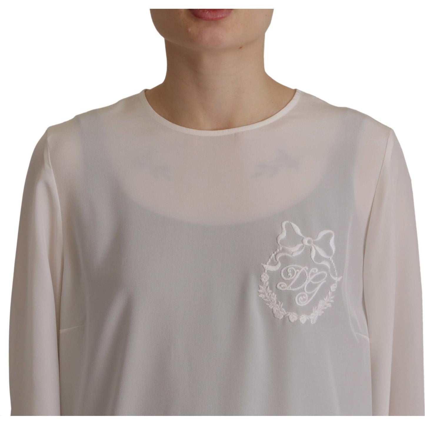 Dolce & Gabbana White Silk DG Logo Embroidered Long Sleeves Blouse Dolce & Gabbana