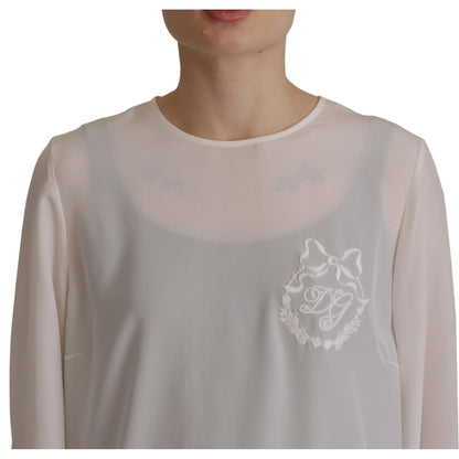 Dolce & Gabbana White Silk DG Logo Embroidered Long Sleeves Blouse Dolce & Gabbana