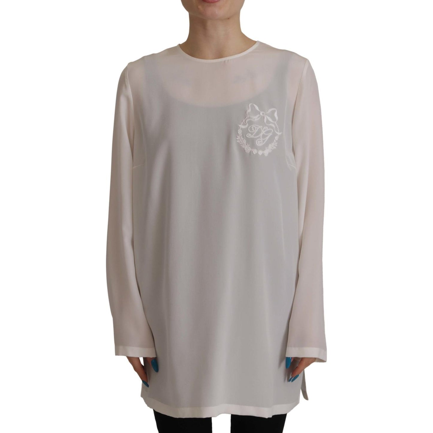 Dolce & Gabbana White Silk DG Logo Embroidered Long Sleeves Blouse Dolce & Gabbana