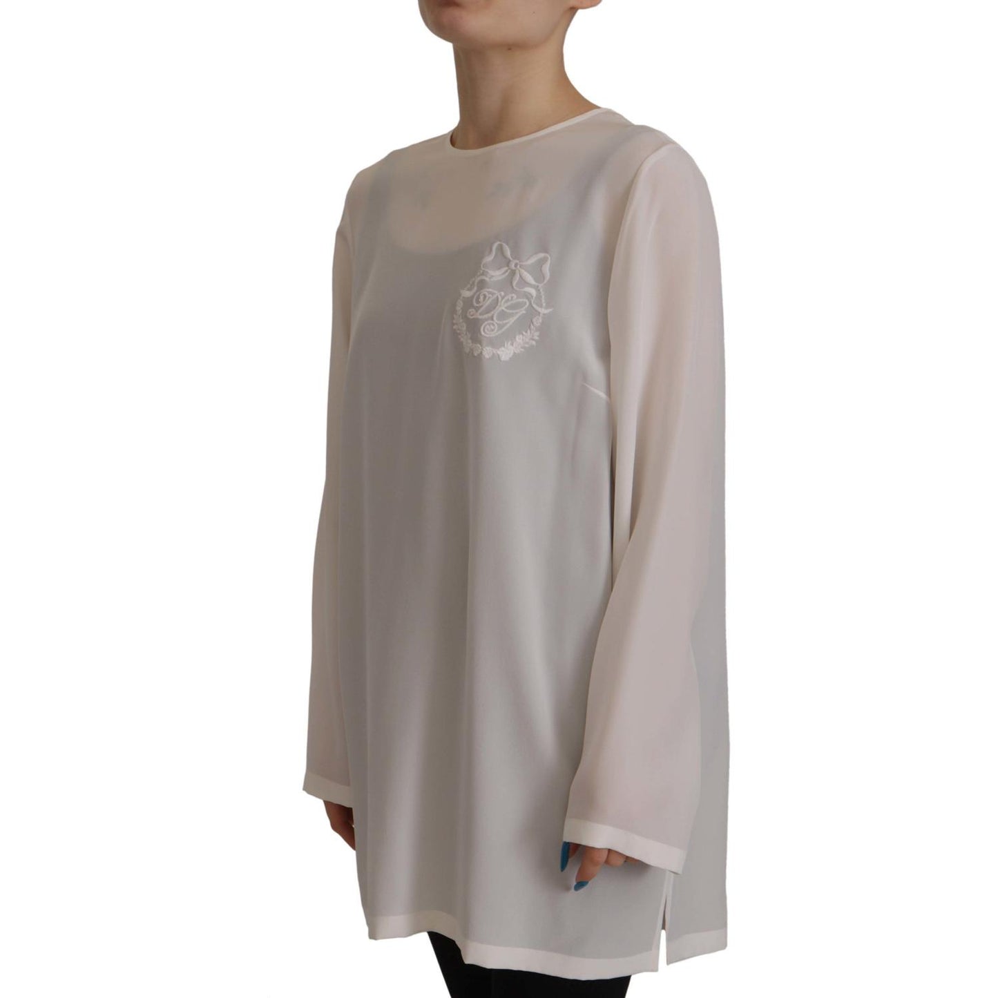 Dolce & Gabbana White Silk DG Logo Embroidered Long Sleeves Blouse Dolce & Gabbana