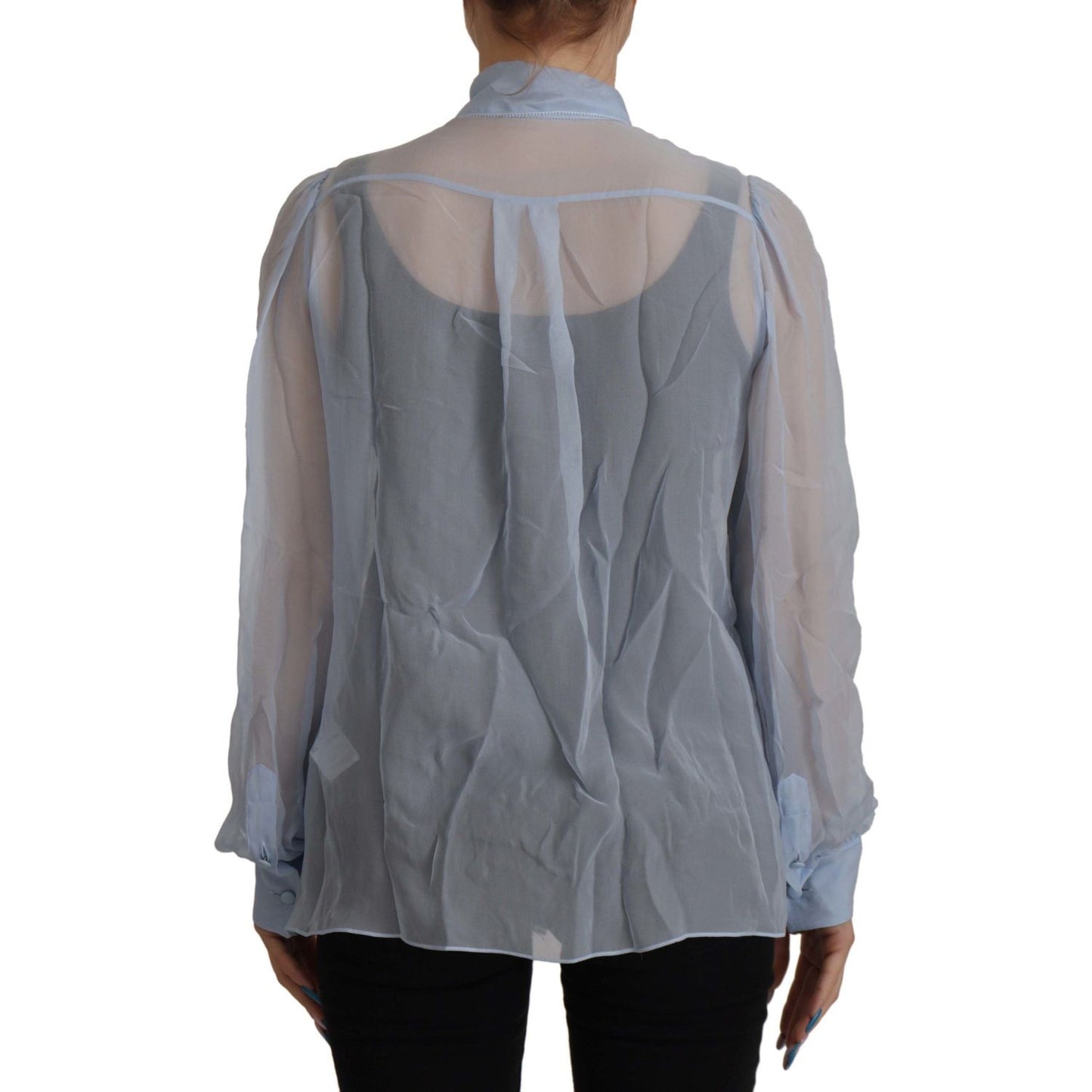 Dolce & Gabbana Light Blue Silk Ascot Collar Long Sleeves Top Dolce & Gabbana
