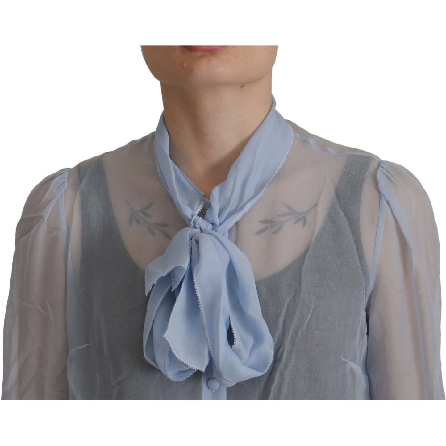 Dolce & Gabbana Light Blue Silk Ascot Collar Long Sleeves Top Dolce & Gabbana
