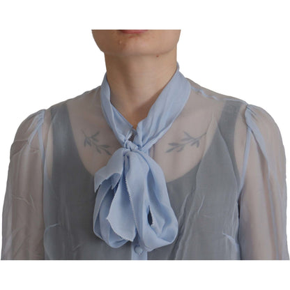 Dolce & Gabbana Light Blue Silk Ascot Collar Long Sleeves Top Dolce & Gabbana