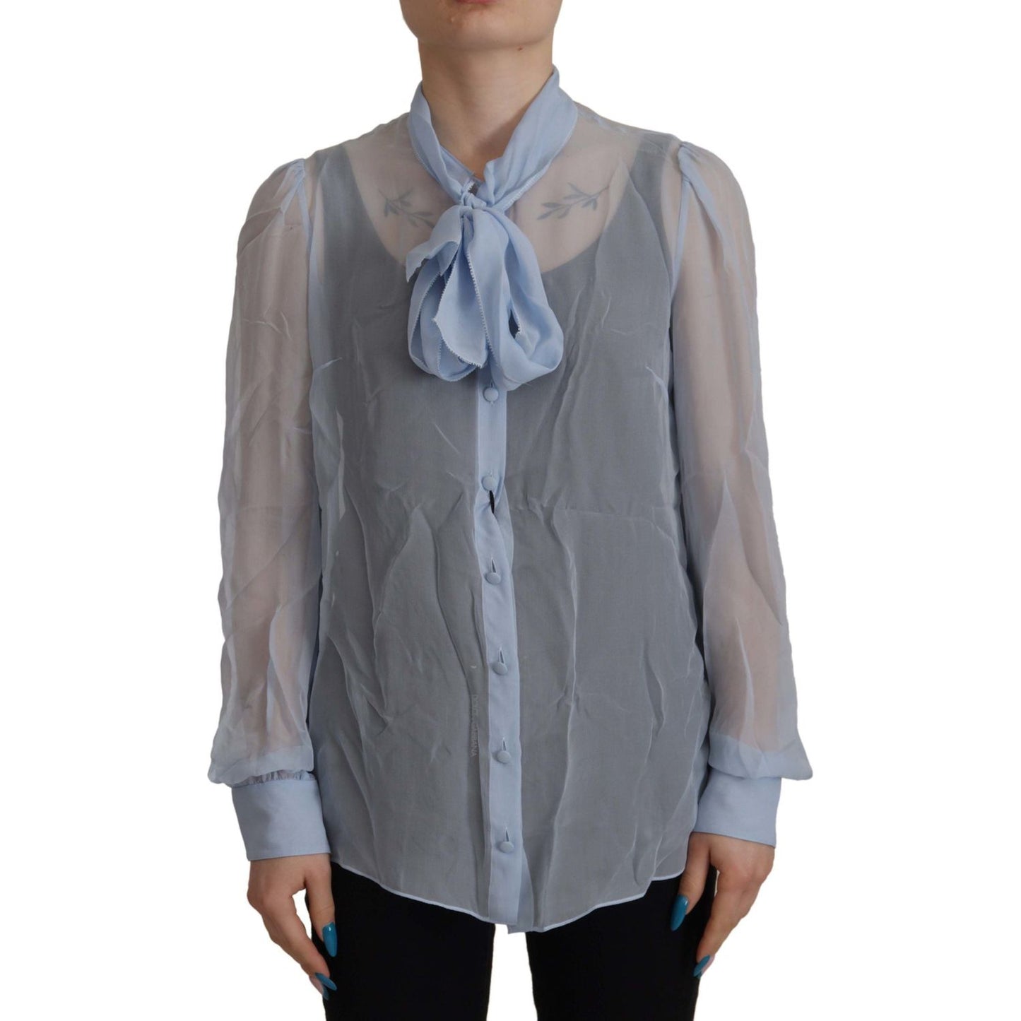 Dolce & Gabbana Light Blue Silk Ascot Collar Long Sleeves Top Dolce & Gabbana