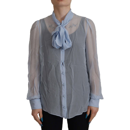 Dolce & Gabbana Light Blue Silk Ascot Collar Long Sleeves Top Dolce & Gabbana