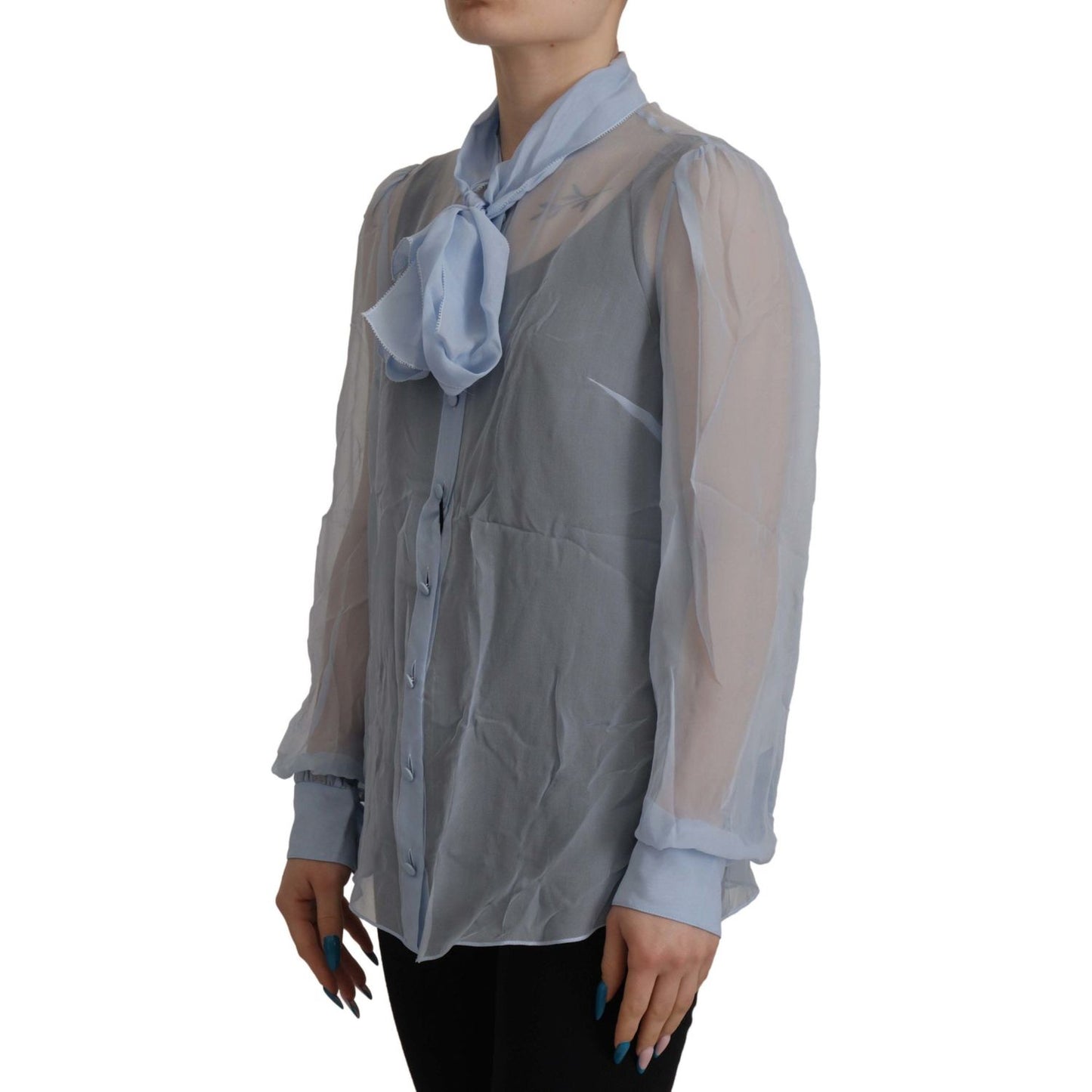 Dolce & Gabbana Light Blue Silk Ascot Collar Long Sleeves Top Dolce & Gabbana