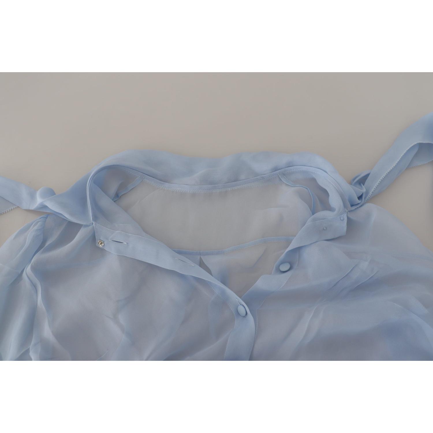 Dolce & Gabbana Light Blue Silk Ascot Collar Long Sleeves Top