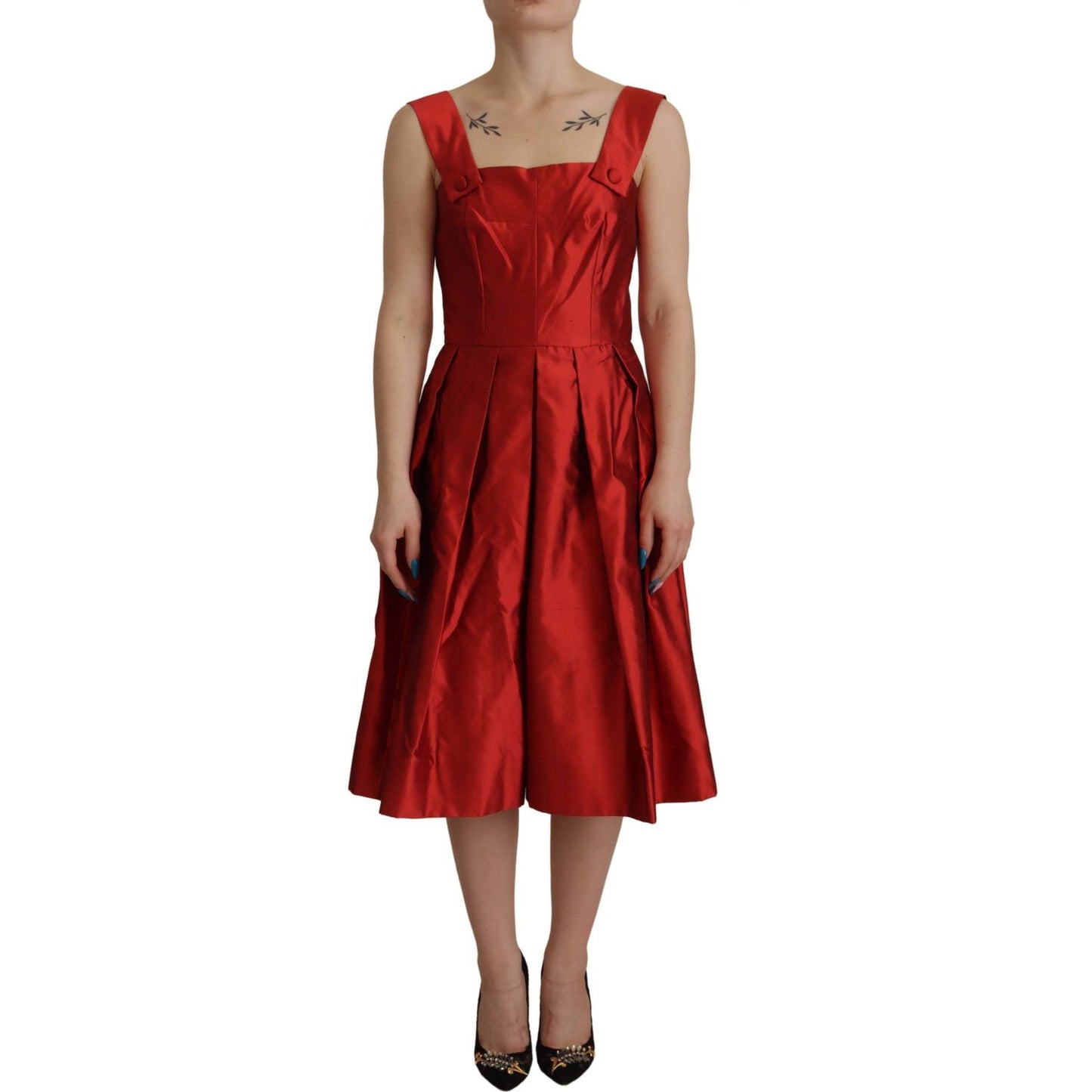 Dolce & Gabbana Red A-line Pleated Satin Silk Dress Dolce & Gabbana