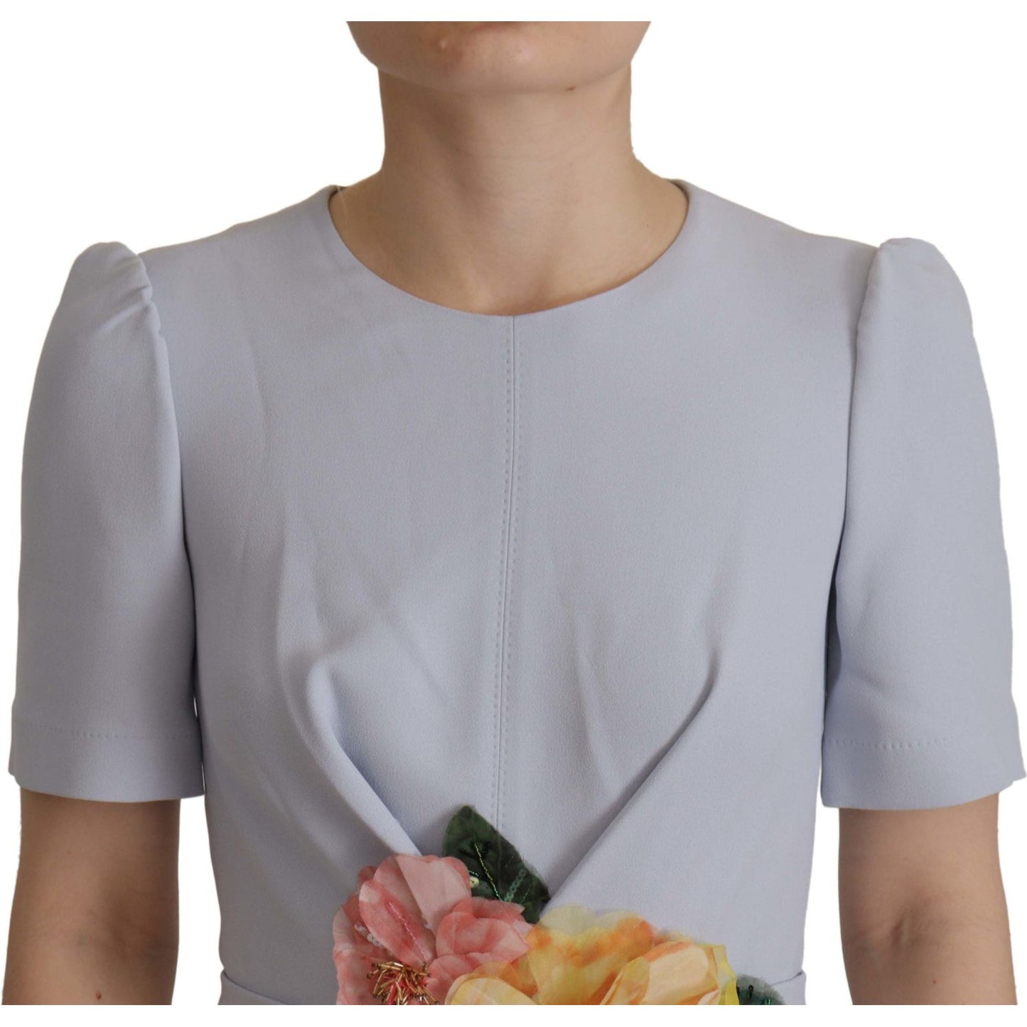 Dolce & Gabbana Blue Floral Applique Midi Viscose Dress Dolce & Gabbana