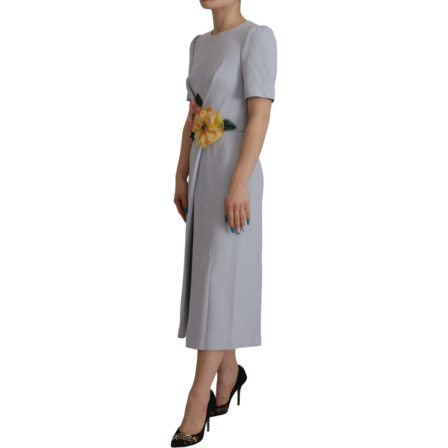 Dolce & Gabbana Blue Floral Applique Midi Viscose Dress Dolce & Gabbana