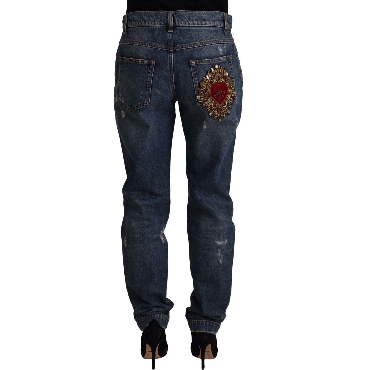 Dolce & Gabbana Blue Denim Baroque Heart Logo Patch Pants Jeans Dolce & Gabbana