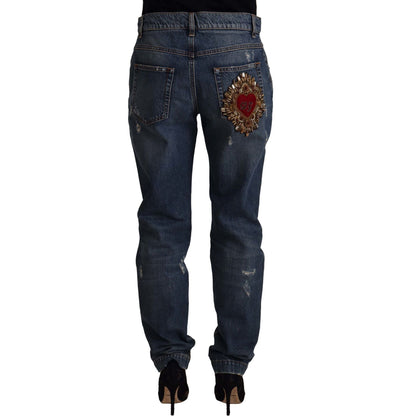Dolce & Gabbana Blue Denim Baroque Heart Logo Patch Pants Jeans Dolce & Gabbana