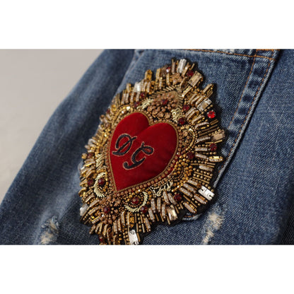 Dolce & Gabbana Blue Denim Baroque Heart Logo Patch Pants Jeans Dolce & Gabbana