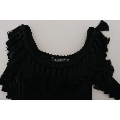 Dolce & Gabbana Black Tank Top Blouse Tassle Cotton Blouse Dolce & Gabbana