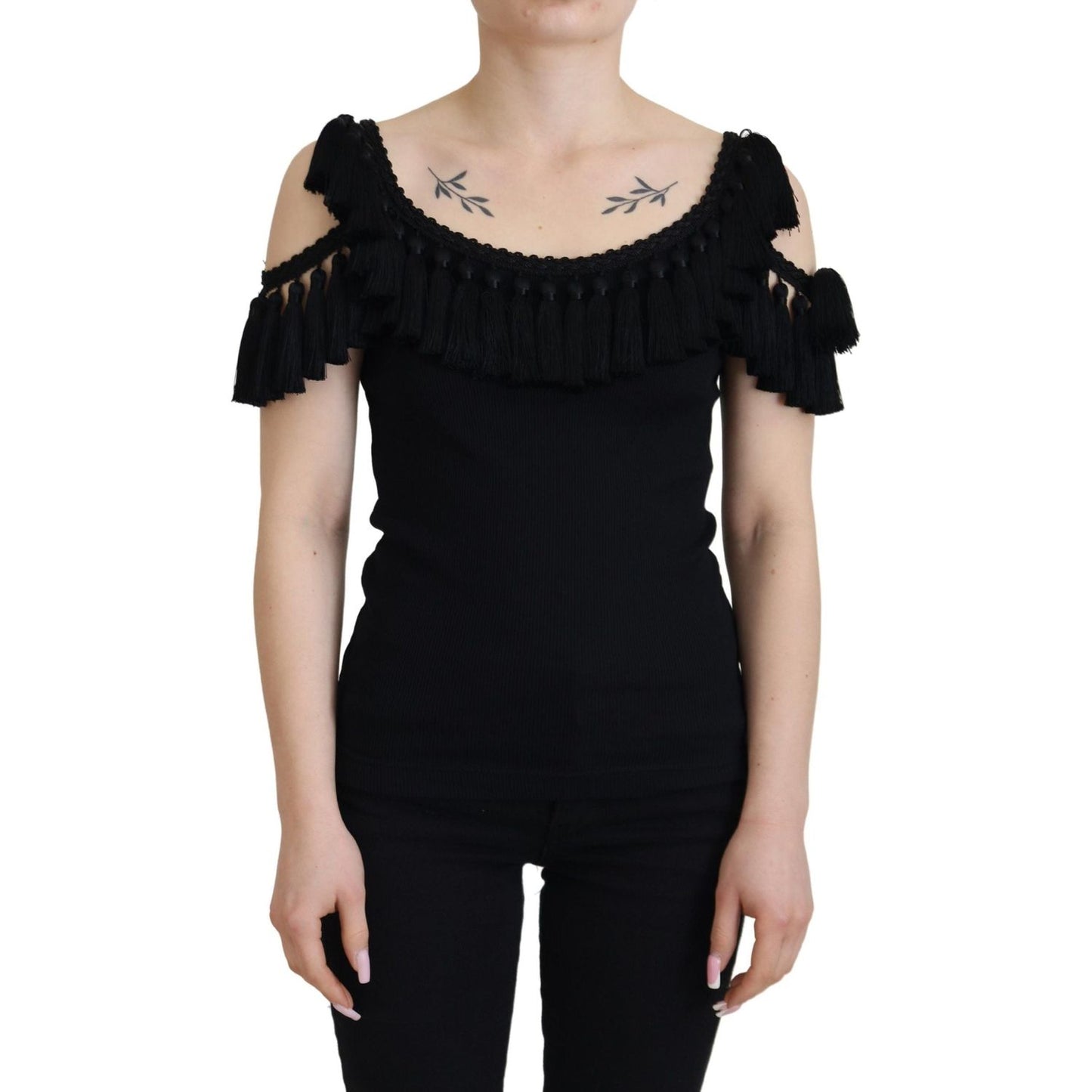 Dolce & Gabbana Black Tank Top Blouse Tassle Cotton Blouse Dolce & Gabbana