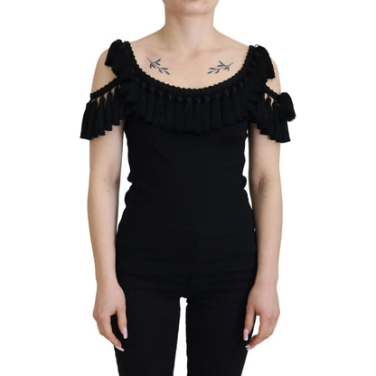 Dolce & Gabbana Black Tank Top Blouse Tassle Cotton Blouse Dolce & Gabbana