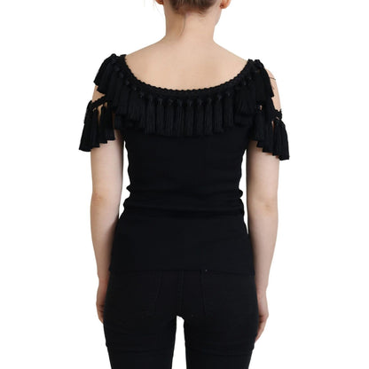 Dolce & Gabbana Black Tank Top Blouse Tassle Cotton Blouse Dolce & Gabbana
